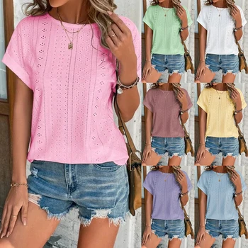 Kadın Giyim Tunik Üstleri Kısa Kollu Yaz T-Shirt Bluz Kadın Hollow Out Moda Katı Rahat Yuvarlak Boyun Bayanlar Tee