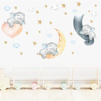 Karikatür Bebek Fil Ay Yıldız duvar çıkartmaları Kreş Duvar Çıkartmaları Çocuk Odası dekor için pegatinas de pared