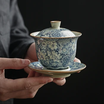 Antika Çiçekler Seramik Açılış Gaiwan Çay Mavi Kasesi Teaware Seti Çin Çay Kase Chawan Zambak Deng's Mağaza çay bardağı