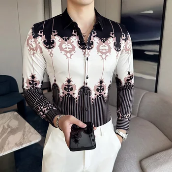 Artı Boyutu 6XL-M Lüks Vintage Baskı Gömlek erkek Kore Uzun Kollu Tasarımcı Gömlek Sosyal Parti Streetwear Çiçek Gömlek Erkekler