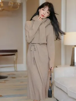 Sonbahar Yeni Gevşek Kadın Elbise 2023 Vintage Uzun Kollu Casual Bayan Örme Bir Adet Elbise Kış Dantel-up Moda Düz Elbise