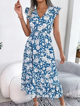 Bahar Ve Yaz Eğlence Auricularia Çiçek Bel uzun elbise tatil elbisesi kadın giyim Kolsuz Şifon A-line Etek