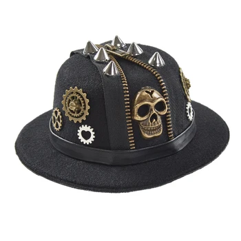 Steampunk Dişliler Kafatası Fermuar Mini silindir şapka Punk Gotik Perçinler Dişliler Mini Şapka saç tokası Cadılar Bayramı Partisi Cosplay Saç Aksesuarları