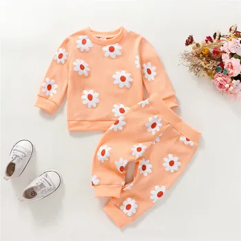 Güzel Bahar Sonbahar Yenidoğan Bebek Kız Giysileri Setleri Waffle Çiçek Baskı Uzun Kollu Kazak Tişörtü + Pantolon Rahat Eşofman