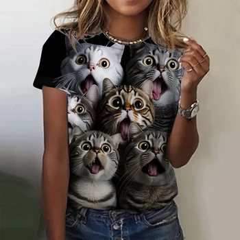 Moda kadın T-Shirt Hayvan 3D Baskı Üstleri Yaz Kısa Kollu T Gömlek Kawaii Kedi Grafik Tees Gevşek Artı Boyutu Tasarım Elbise