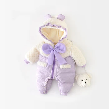 Kış bebek kız giysileri tatlı onesies yay ile bebek dikiş açık romper kadife ve kalınlaşmış pamuk dolgulu ceketler